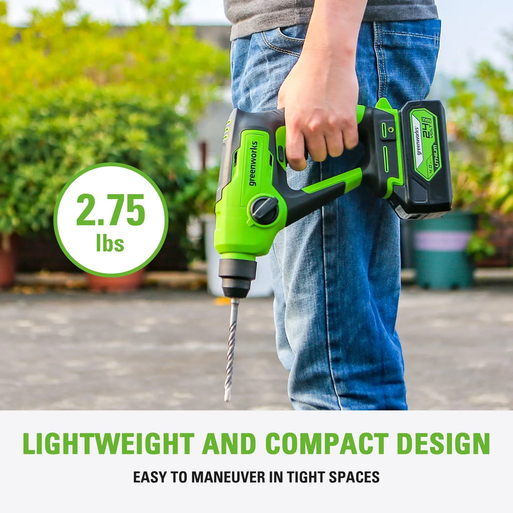 2026 New Greenworks 24V Cordless SDS 1.2J Heavy Duty Rotary Hammer Drill, 4Ah Battery and Charger Included