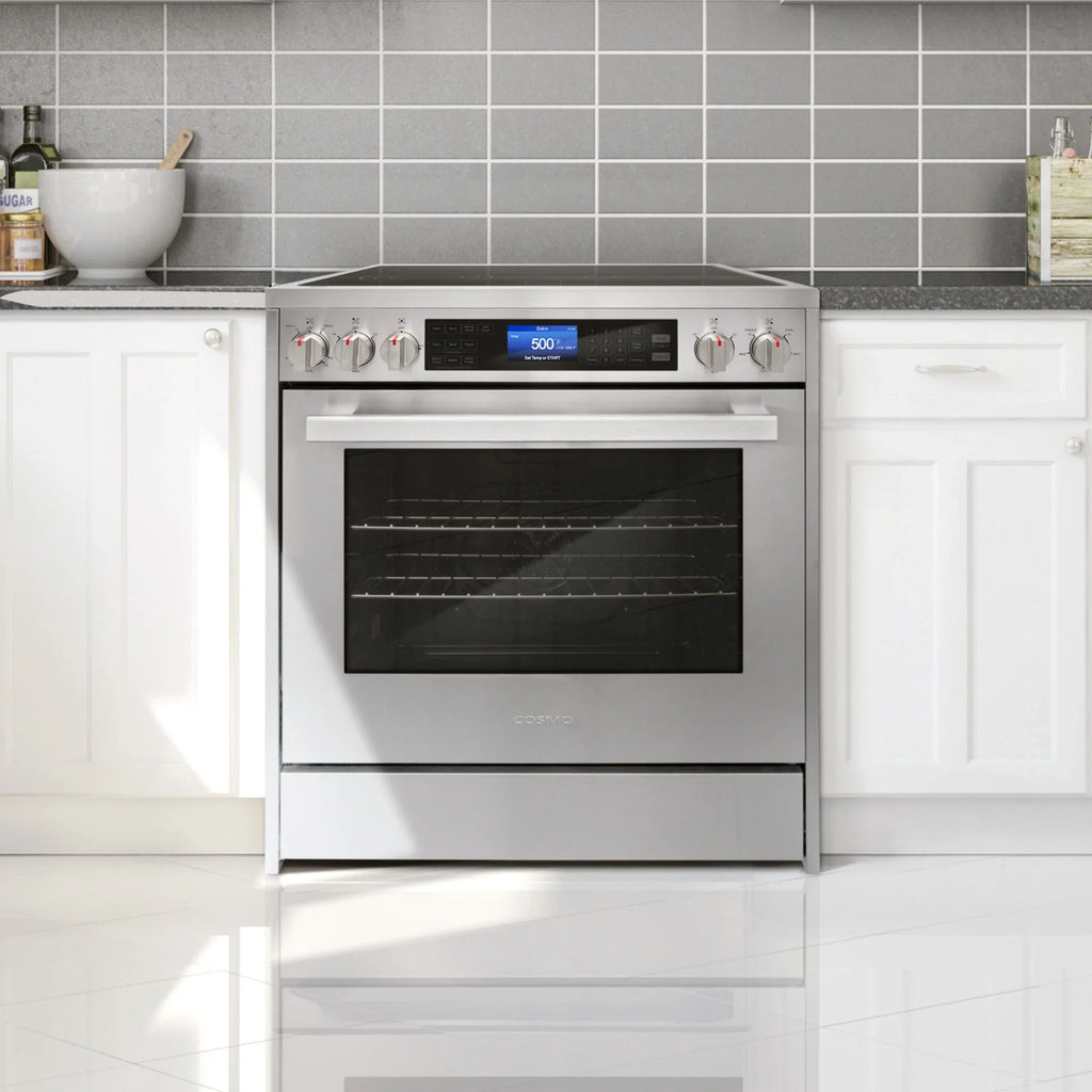2026 NewCosmo 5 Piece Kitchen Appliance Packages with 30" Freestanding Electric Range 30" Island Range Hood 24" Built-in Fully Integrated Dishwasher French Door Refrigerator & 48 Bottle Wine Refrigerator