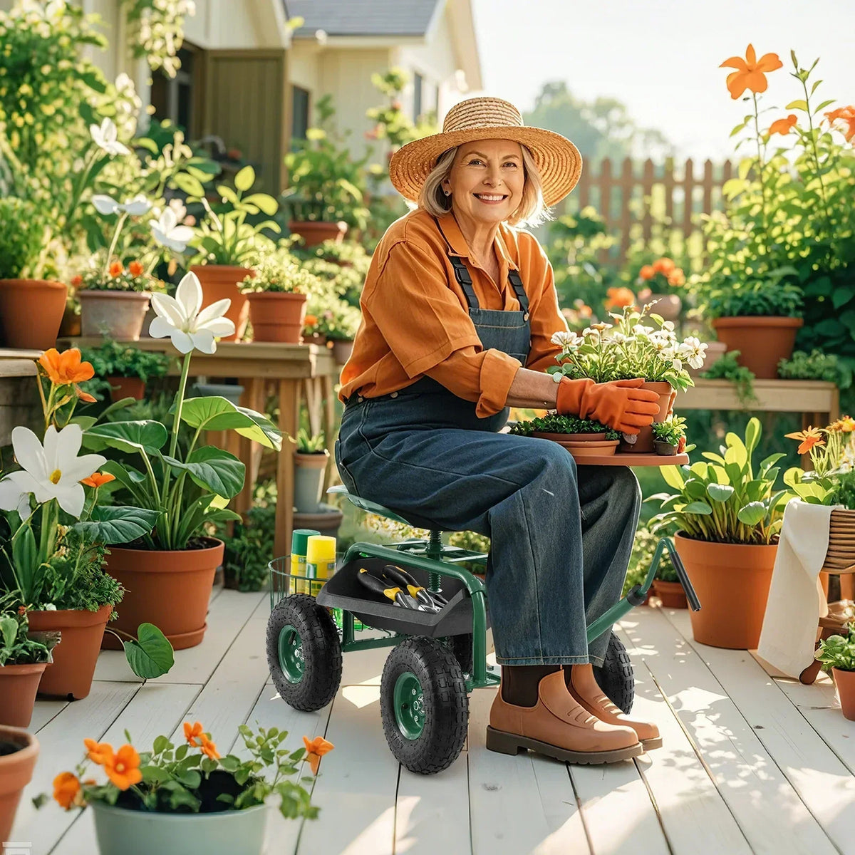 2026 NewCostway Garden Cart Rolling Work Seat for Planting with Extendable Handle Green