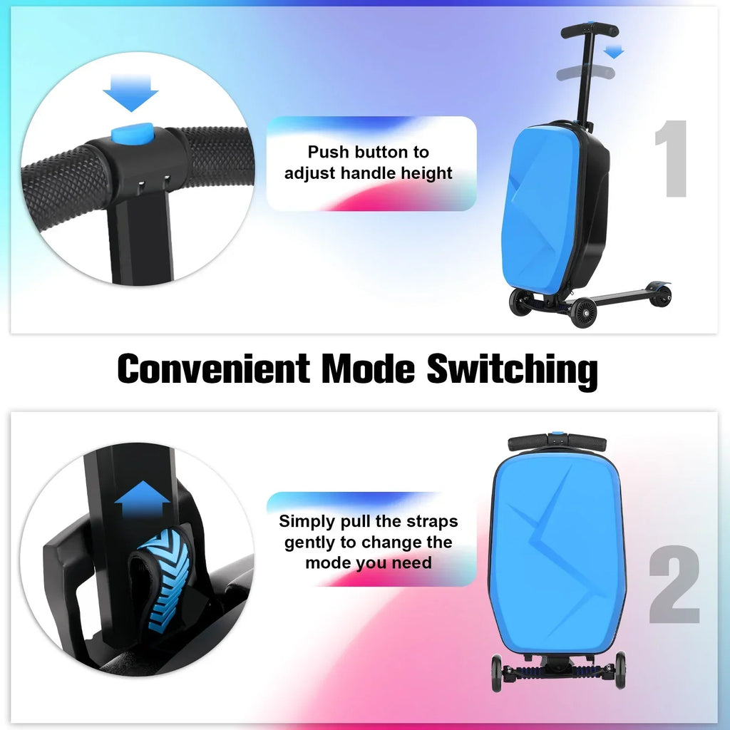 2026 NewAdvwin Scooter Luggage for Kids & Adults, Hardside Ride on Suitcase for Kids Ages 4-15 Multifunctional Lightweight Foldable Carry on Luggage with Wheels Ride on for Children Teenagers, Pink