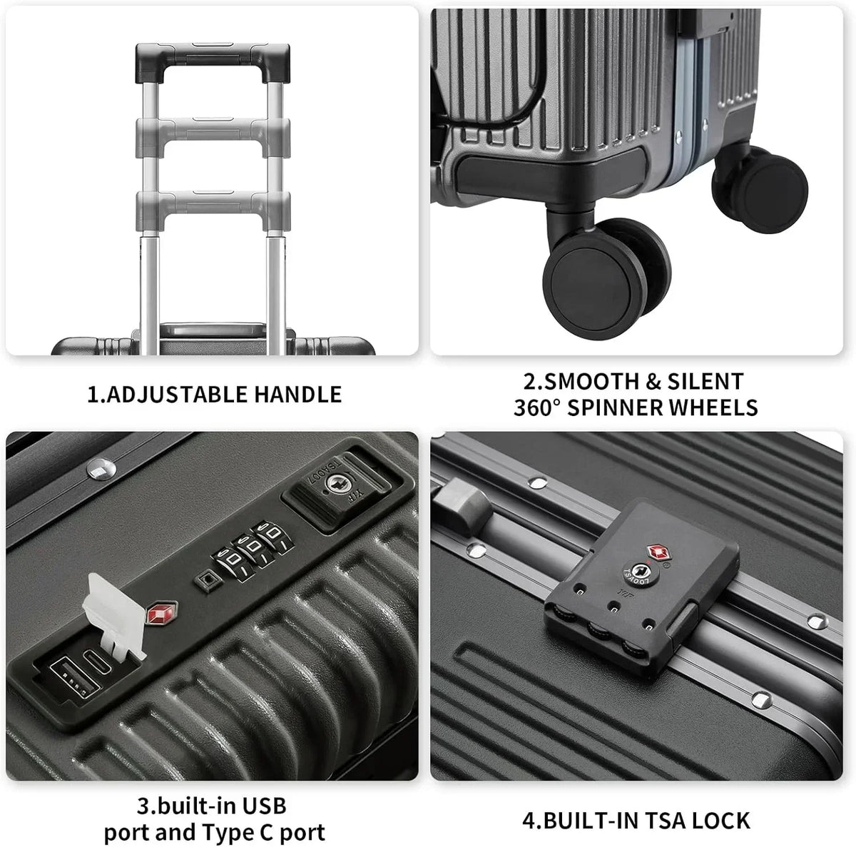 2026 NewCarry-On Luggage with USB Charging Port, Front Compartment, TSA Lock, Airline Approved Carry On Hardside Suitcase with Spinner Wheels (Grey, 20inch)