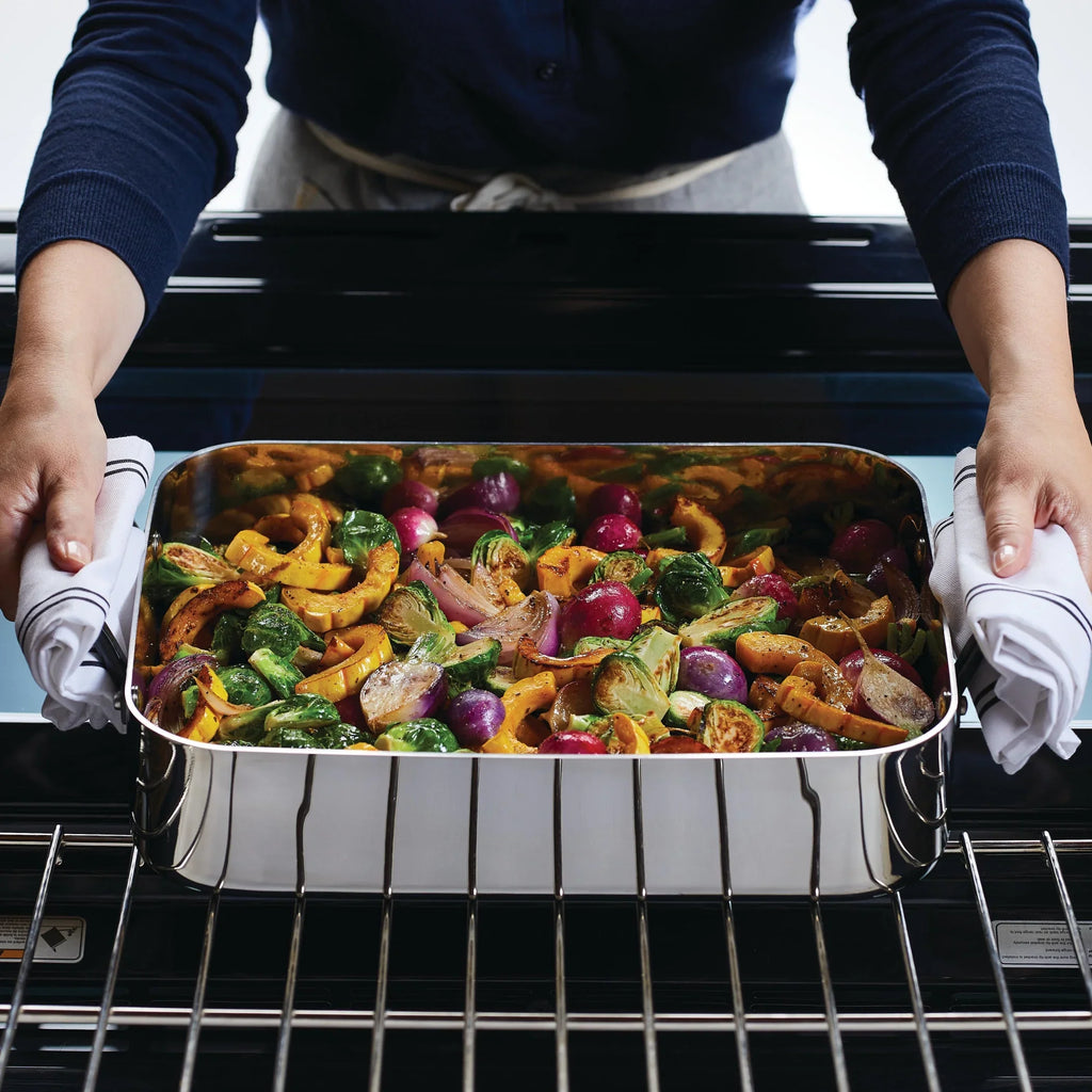 2026 New KitchenAid 5-Ply Clad 15x11.5 Inch Stainless Steel Roaster with Removable Rack, Induction Compatible, Metal Utensil, Broiler and Oven Safe to 500-F