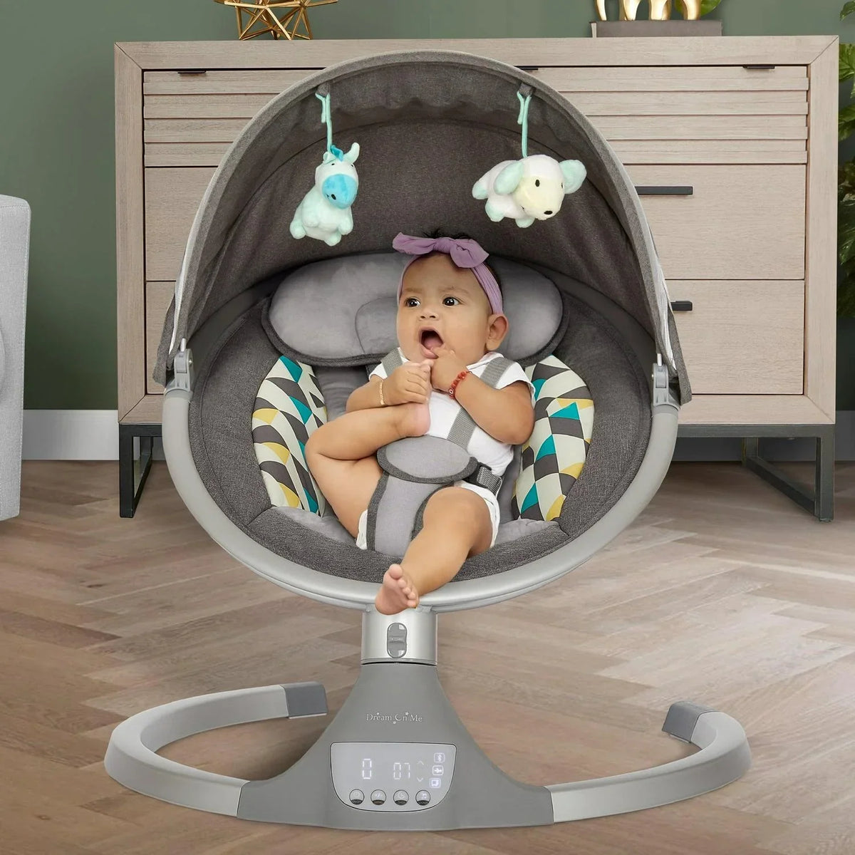 2026 NewDream On Me Zazu Baby Swing. Baby Swing for Infant. 5 - Swinging Speed. Two Attached Toys. Bluetooth Enabled and Remote Control. Grey and Blue