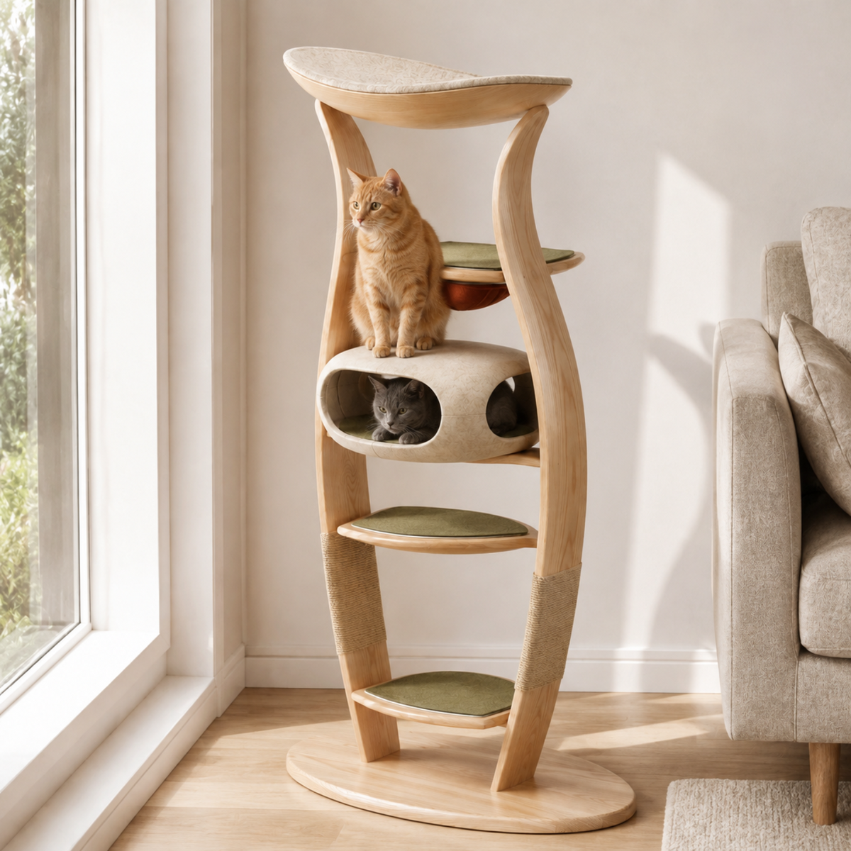 64-in Modern Wood Cat Tower with Felt Pod and Perches