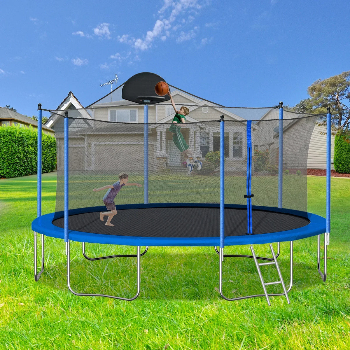 2026 New14FT Outdoor Trampoline with Safety Enclosure, Steel Tube Frame, Ladder & Secure Net - Heavy Duty, Blue