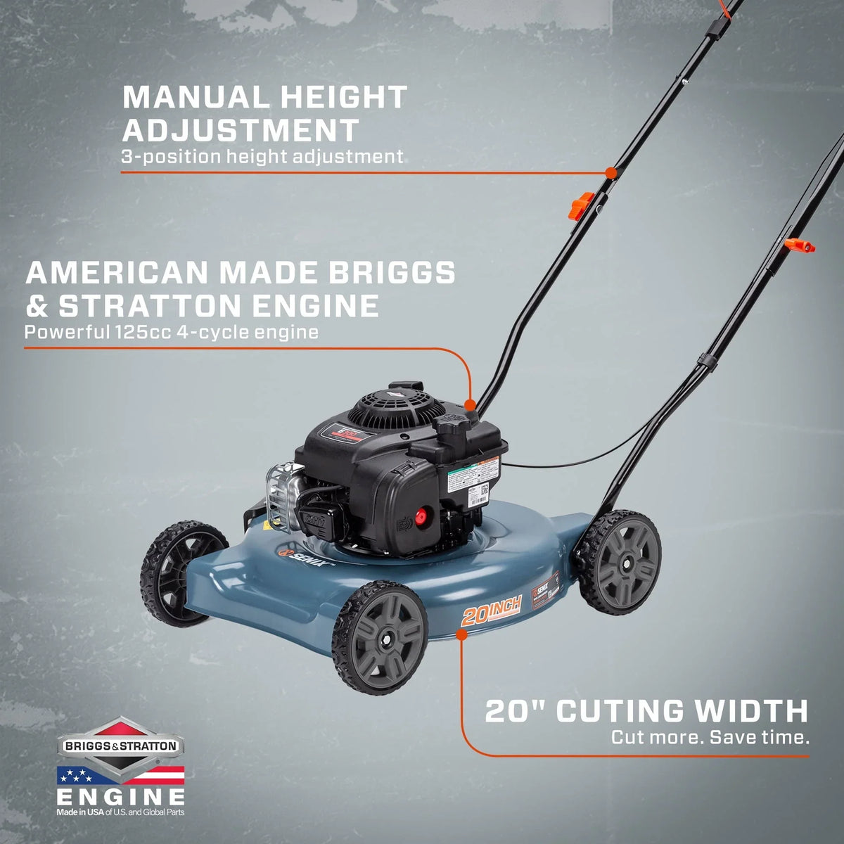 2026 NewSENIX Gas Lawn Mower, 20-Inch, 125 cc 4-Cycle Briggs & Stratton Engine, Push Lawnmower with Side Discharge, 3-Position Height Adjustment, LSPG-L2, Blue