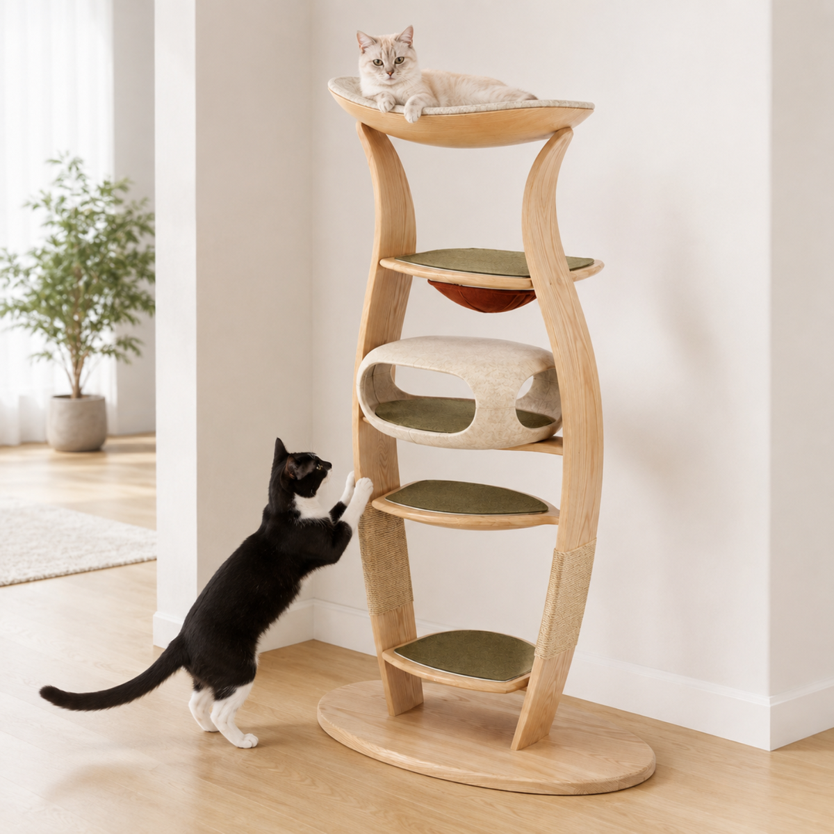 64-in Modern Wood Cat Tower with Felt Pod and Perches