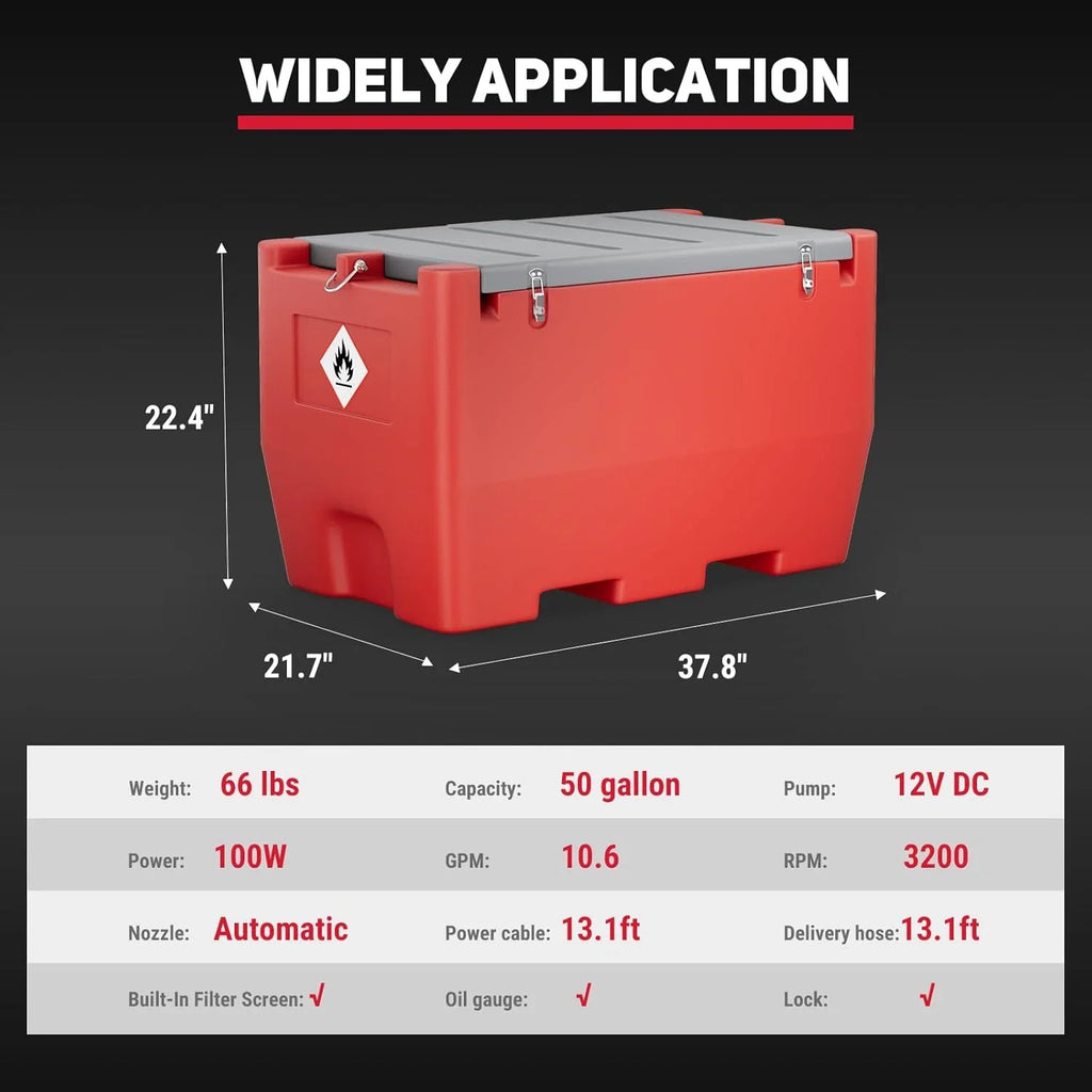 2026 NewFuel Transfer Tank, 50 Gallon for Gasoline & Diesel, Gas Tank with 10.6 GPM Fast Flow Rate 12V DC Transfer Pump,13.1 ft Power Cord Portable Gas Tank, Red
