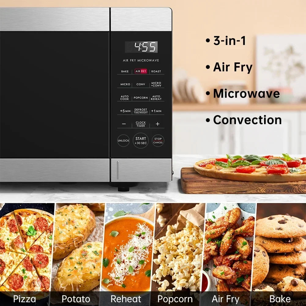 2026 NewGalanz 0.9 Cu ft Air Fry Countertop Microwave, 900 Watts, Stainless Steel, New