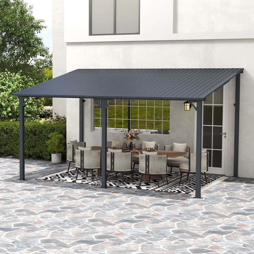 2026 New8' x 10' Outdoor Pergola Gazebo, Lean to Awnings Gazebos, Heavy Duty Hard Top Metal Pergola with Roof, for Patio, Backyard, Decks, Poolside