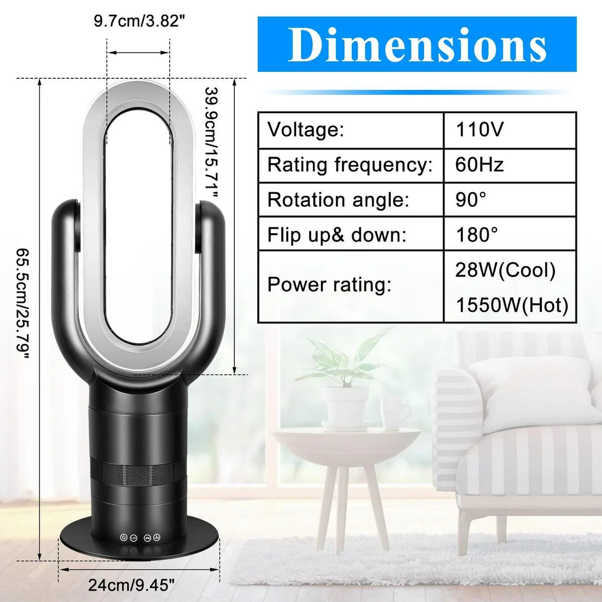 2026 NewDubbin 26 inch Space Heater Bladeless Tower Fan. Heater and Cooling Combo. with Remote Control. Black