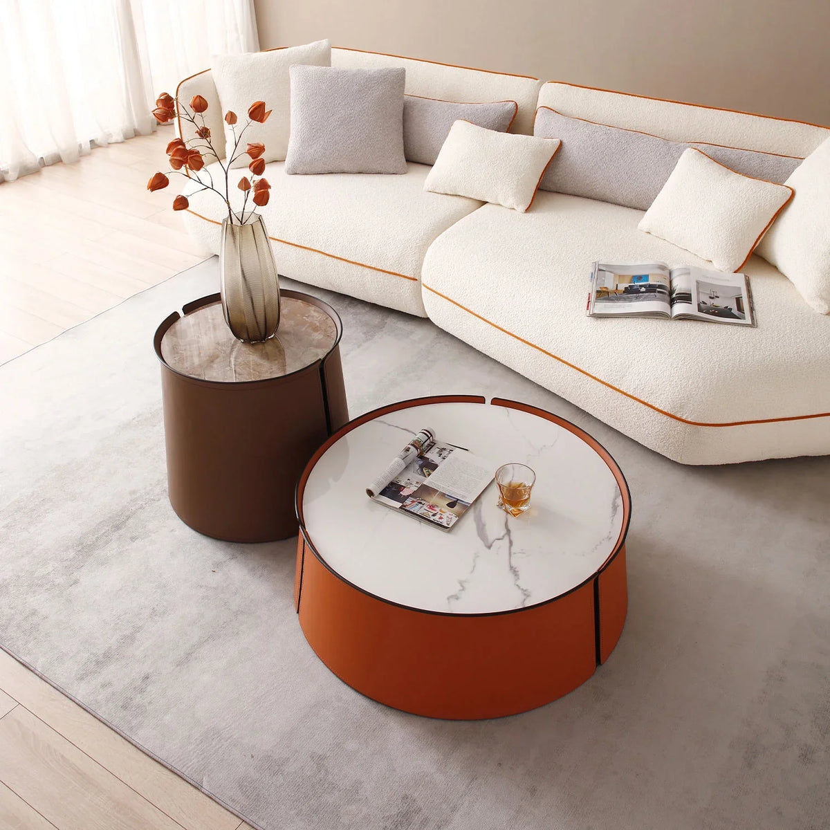 2026 New 31.5inch Coffee Table, Marble Top+Orange Saddle Leather Body+Iron Frame