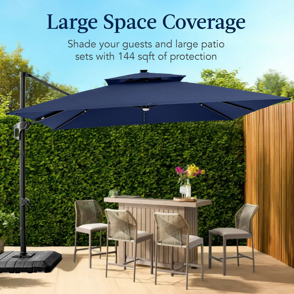 2026 NewBest Choice Products 12x12ft 2-Tier Square Outdoor Solar LED Cantilever Umbrella w/ 360-Rotating Base Navy Blue