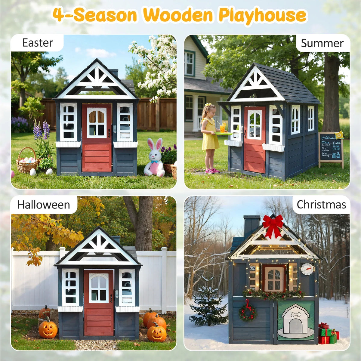 2026 NewCOCLUB Outdoor Playhouse for Kids Ages 4-8, Wooden Play House with Doorbell, Phone, Kitchen Toys, Outdoor Kids Play Equipment, Casa Para Niñas (45”L x 65”H), White & Black