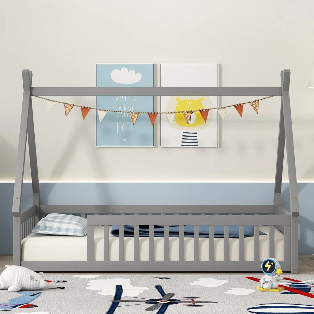 2026 New Full Size House Floor Bed, Wood Montessori Bed Frame with Fence Guardrails, House Beds Frame No Box Spring Needed-Full, Gray)