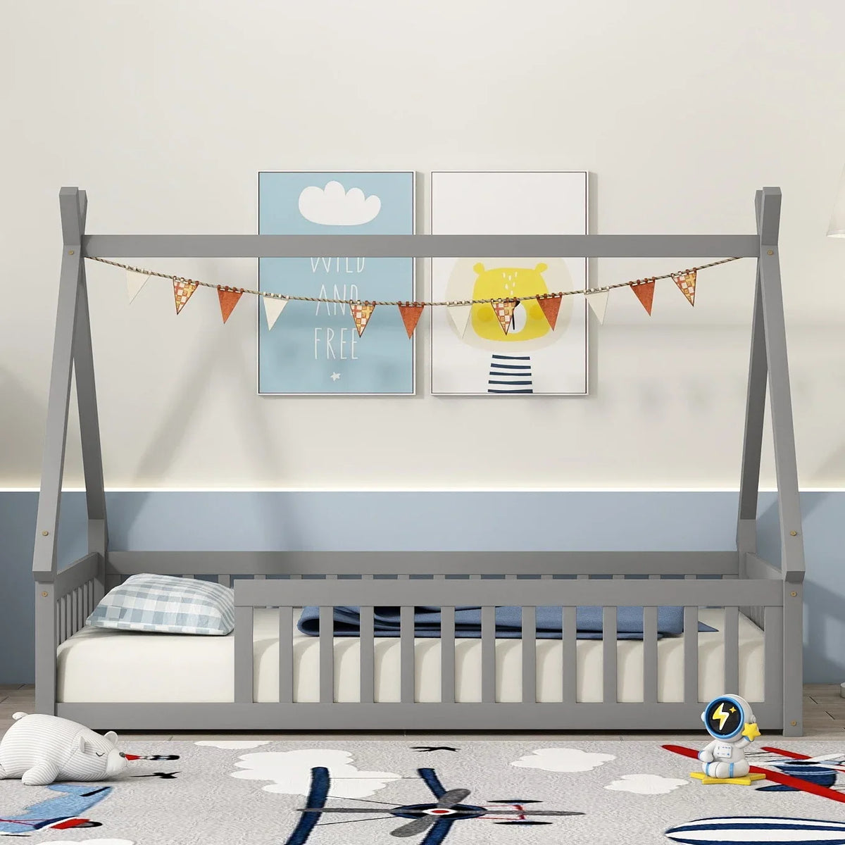 2026 New Full Size House Floor Bed, Wood Montessori Bed Frame with Fence Guardrails, House Beds Frame No Box Spring Needed-Full, Gray)