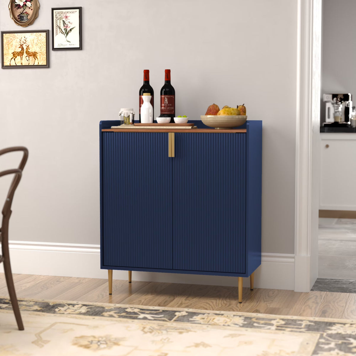2026 NewCBJCBJ 32" Wine Bar Cabinet with 2 Door Fluted Texture, Modern Coffee Cabinet with Rack&Glass Holder, Black