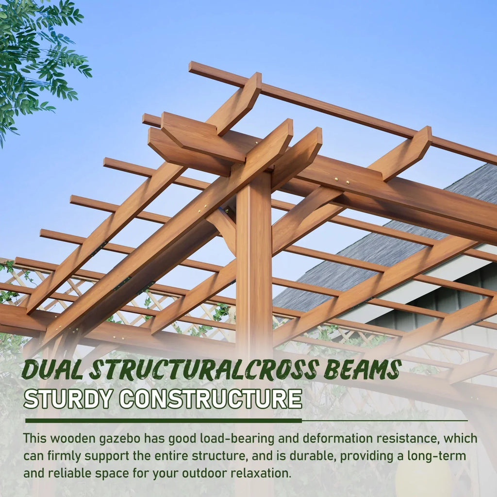 2026 New12 x 10 FT Outdoor Pergola, Wooden Pergola Gazebo with Climbing Plant Support and Waterproof, for Patio Porch Garden Backyard, Brown