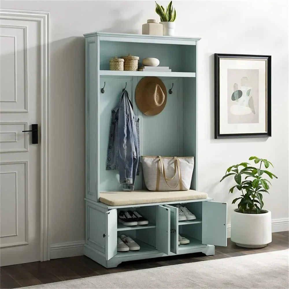 2026 NewBowery Hill Traditional Wood Hall Tree in Seafoam Blue/Oatmeal