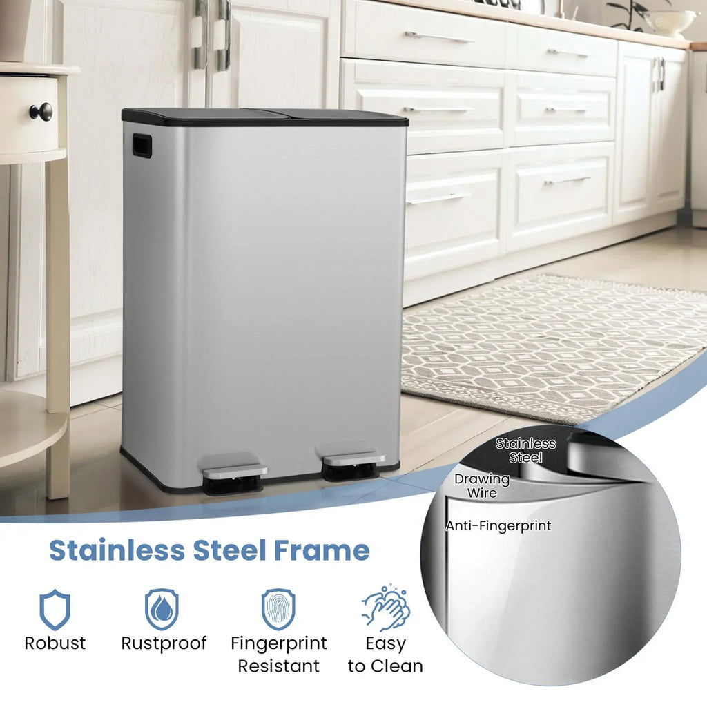 2026 NewCostway 16 Gallon Dual Step Trash Can Recycle Bin Stainless Steel Bucket Pedal Silver