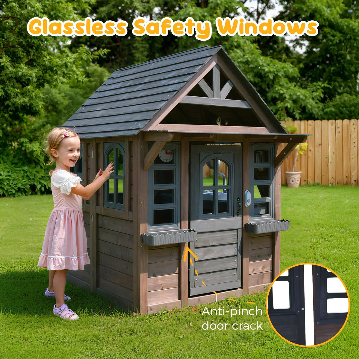 2026 NewCOCLUB Outdoor Playhouse for Kids Ages 4-8, Wooden Play House with Doorbell, Phone, Kitchen Toys, Outdoor Kids Play Equipment, Casa Para Niñas (45”L x 65”H), White & Black
