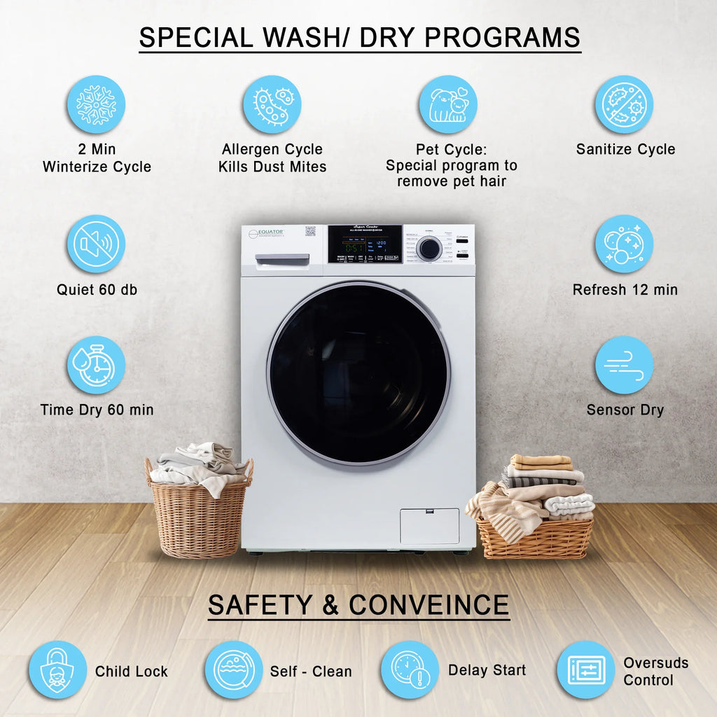 2026 NewEquator Combination Washer Dryer Ventless/Vented Pet cycle 1.62cf/15lbs 110V with Adjustable legs