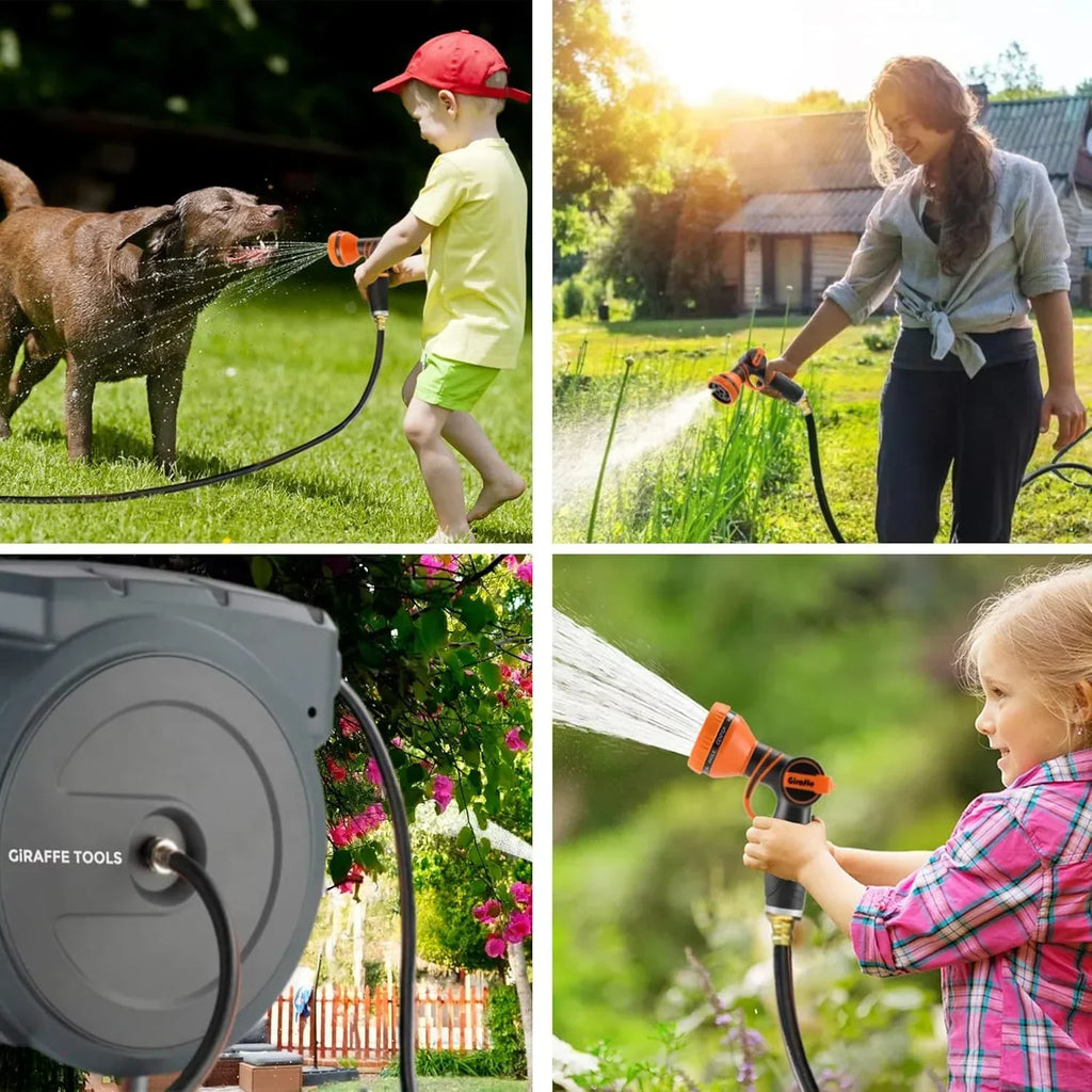 2026 NewGiraffe Tools Retractable Garden Hose Reel with 1/2in-100ft Water Hose, Plastic Bracket, Wall Mounted, Dark Grey