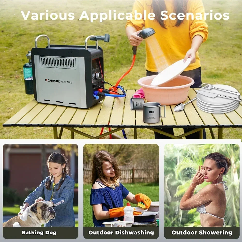 2026 NewCAMPLUX Nano 3 Pro Portable Propane Water Heater with Battery, Instant Hot Water for Camping and Outdoor Use