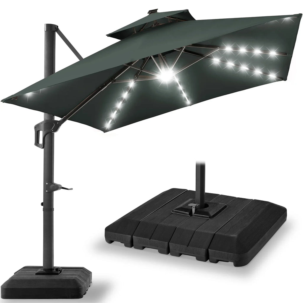 2026 NewBest Choice Products 10x10ft 2-Tier Square Outdoor Solar LED Cantilever Patio Umbrella w/ Base Included - Tan