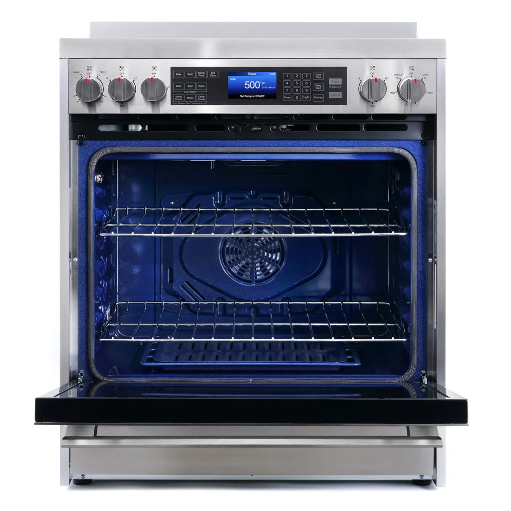2026 NewCosmo 5 Piece Kitchen Appliance Packages with 30" Freestanding Electric Range 30" Island Range Hood 24" Built-in Fully Integrated Dishwasher French Door Refrigerator & 48 Bottle Wine Refrigerator