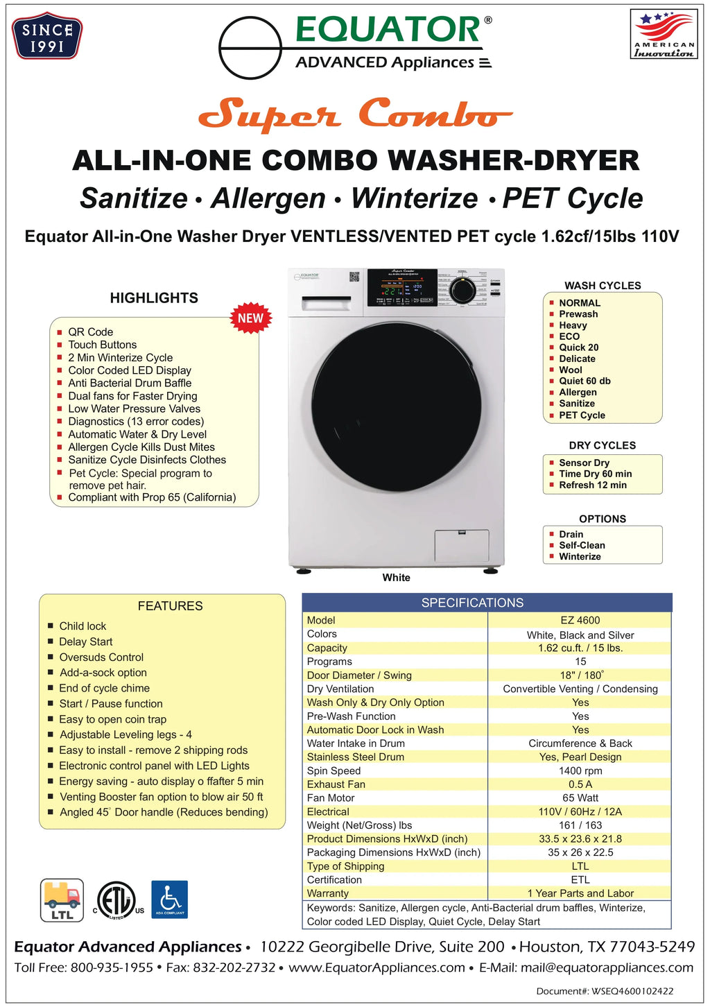 2026 NewEquator Combination Washer Dryer Ventless/Vented Pet cycle 1.62cf/15lbs 110V with Adjustable legs