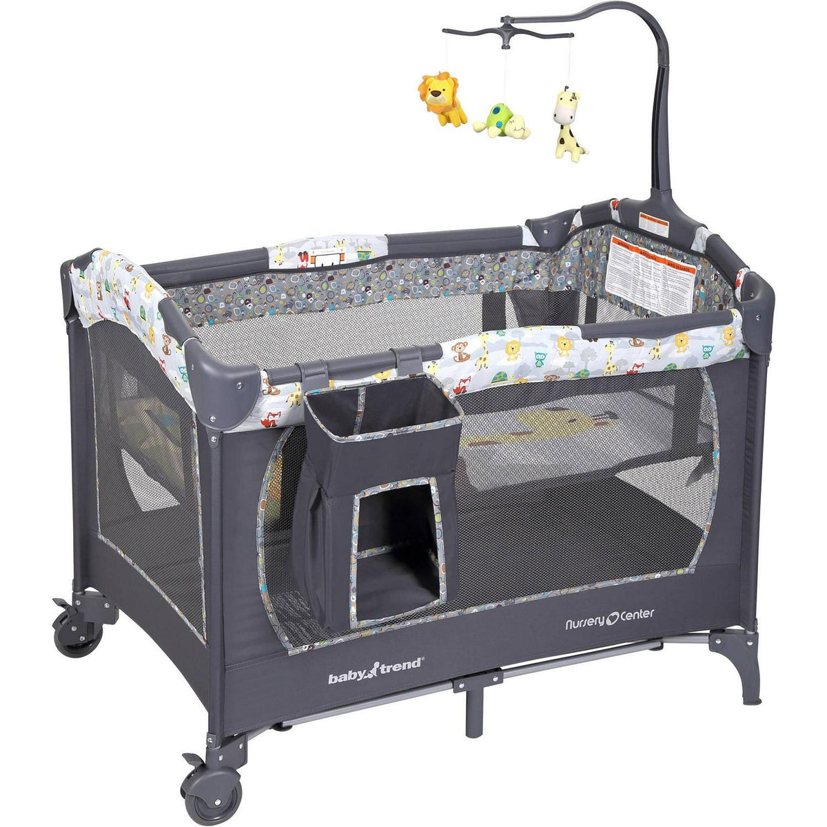 2026 NewBaby Trend Nursery Center Playard with Toy Mobile. Tanzania Grey