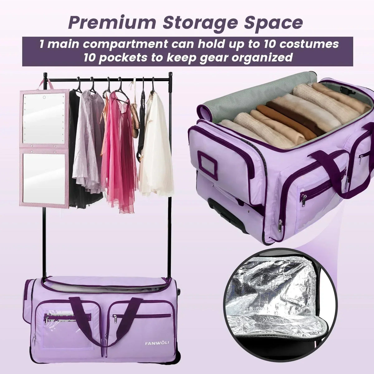 2026 NewFegat Dance Bag with Garment Rack - 28"Collapsible Rolling Competition Dance Duffle Bag Lightweight Costume Wheeled Suitcase for Dancers Shows Livestreamer Athletes