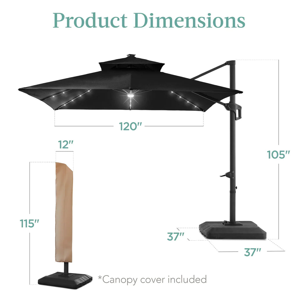 2026 NewBest Choice Products 10x10ft 2-Tier Square Outdoor Solar LED Cantilever Patio Umbrella w/ Base Included - Tan