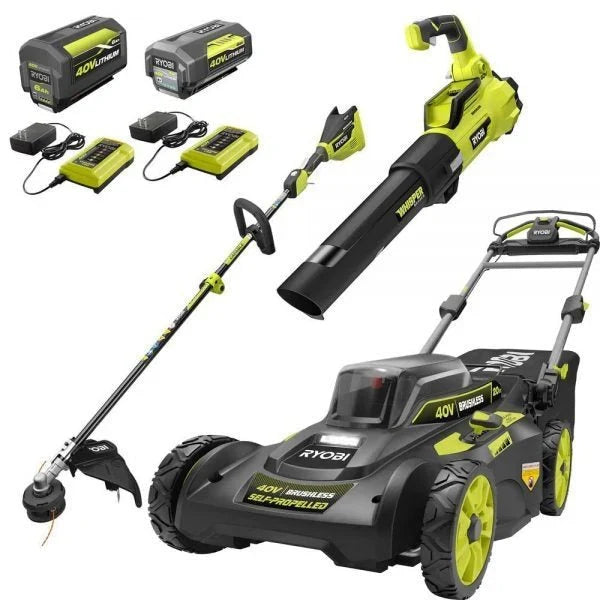 2026 New2025 40V Brushless 20-inch Self-Propelled Hand Lawn Mower, Grass Trimmer and Leaf Blower with (2) Batteries and (2) Chargers