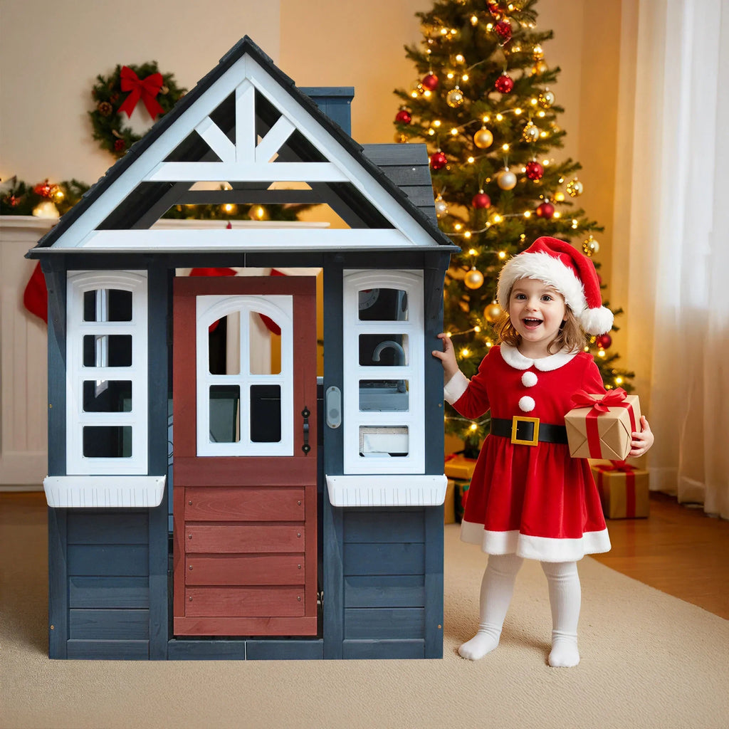 2026 NewCOCLUB Outdoor Playhouse for Kids Ages 4-8, Wooden Play House with Doorbell, Phone, Kitchen Toys, Outdoor Kids Play Equipment, Casa Para Niñas (45”L x 65”H), White & Black