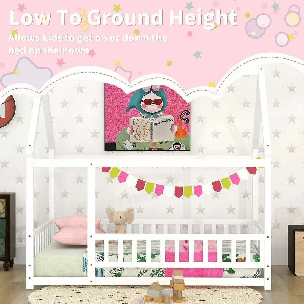 2026 New Full Size House Floor Bed, Wood Montessori Bed Frame with Fence Guardrails, House Beds Frame No Box Spring Needed-Full, Gray)
