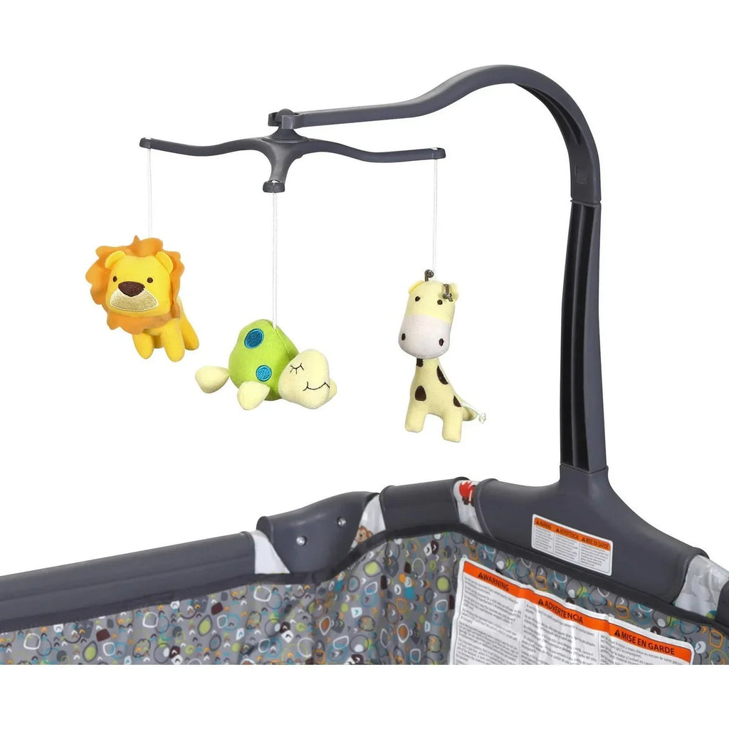 2026 NewBaby Trend Nursery Center Playard with Toy Mobile. Tanzania Grey
