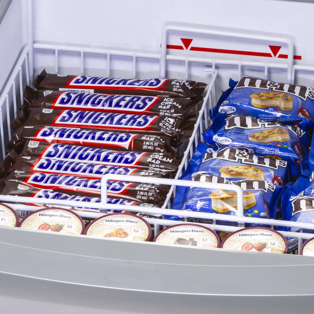 2026 NewMaxx Cold Curved Glass Top Chest Freezer Display, 24.6"W, 3.81 cu. ft. Storage Capacity, Equipped with (2) Wire Baskets, in White (MXF25CHC-2)