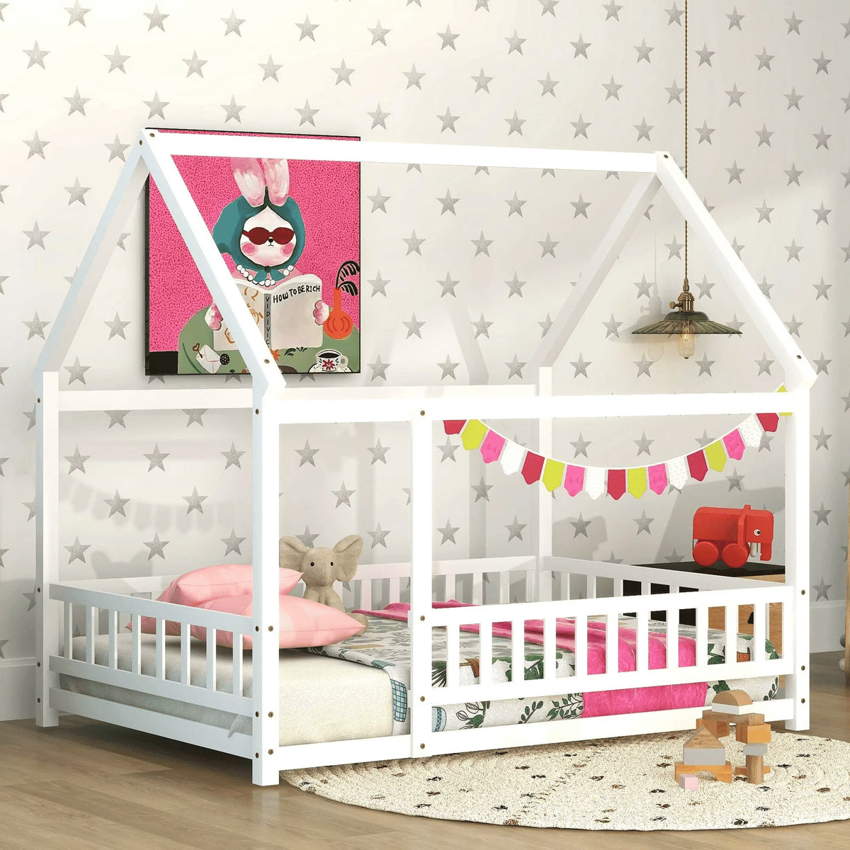 2026 New Full Size House Floor Bed, Wood Montessori Bed Frame with Fence Guardrails, House Beds Frame No Box Spring Needed-Full, Gray)