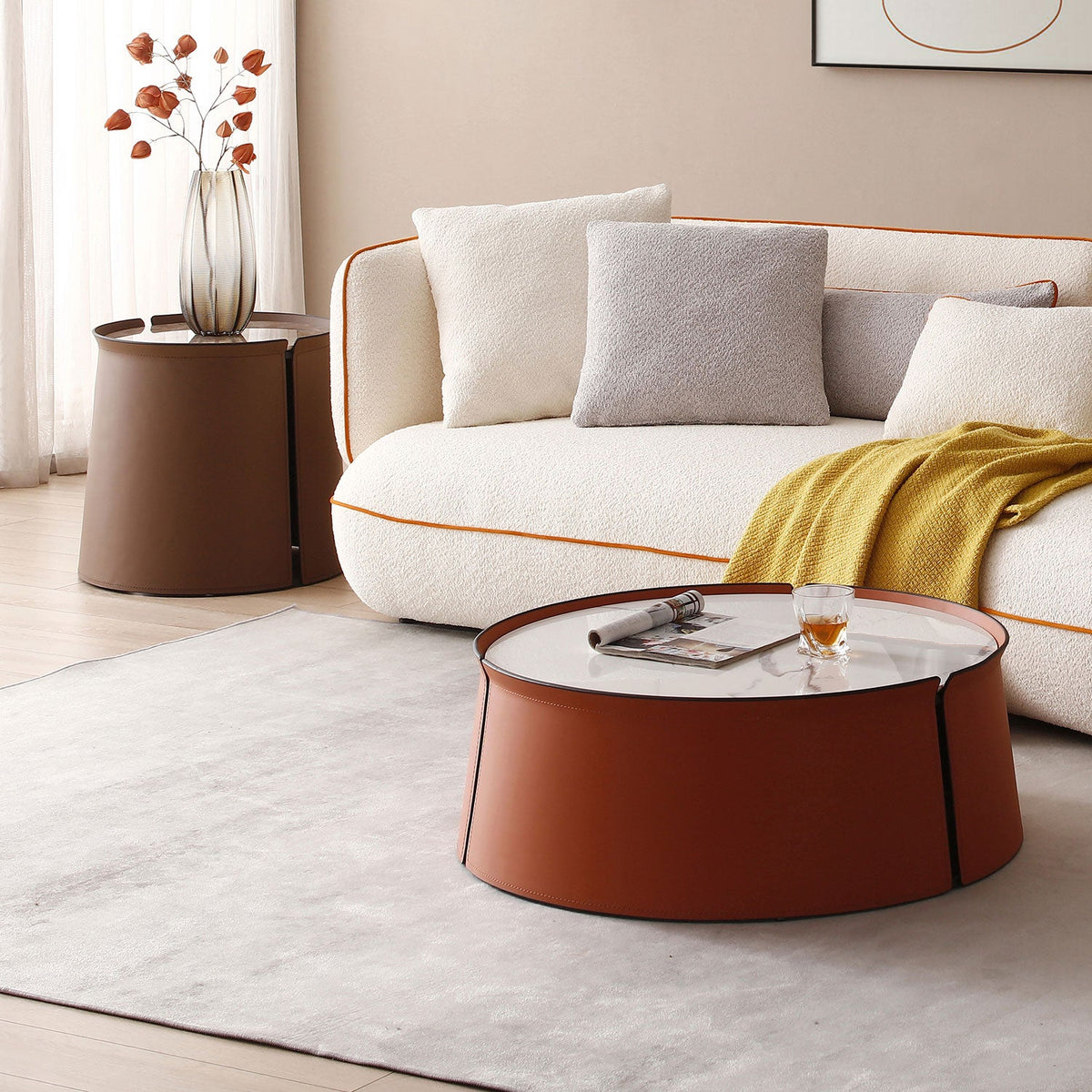 2026 New 31.5inch Coffee Table, Marble Top+Orange Saddle Leather Body+Iron Frame