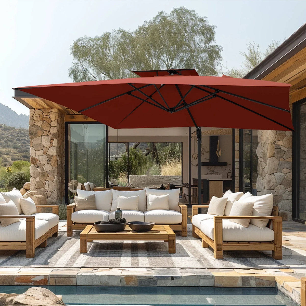 2026 NewAlpha Joy 12x9ft Outdoor Patio Umbrella Large Rectangle Offset Cantilever Double Umbrella with 360°Rotation, Beige