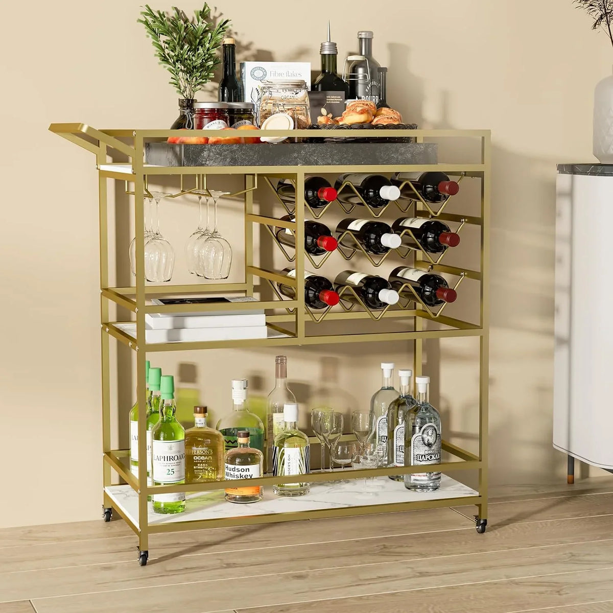 2026 NewWHIFEA 3-Tier Home Bar Cart with Wine Rack, Mobile Serving Wine Cart on Wheels, Modern Rolling Drink Trolley for Coffee Tea Wine
