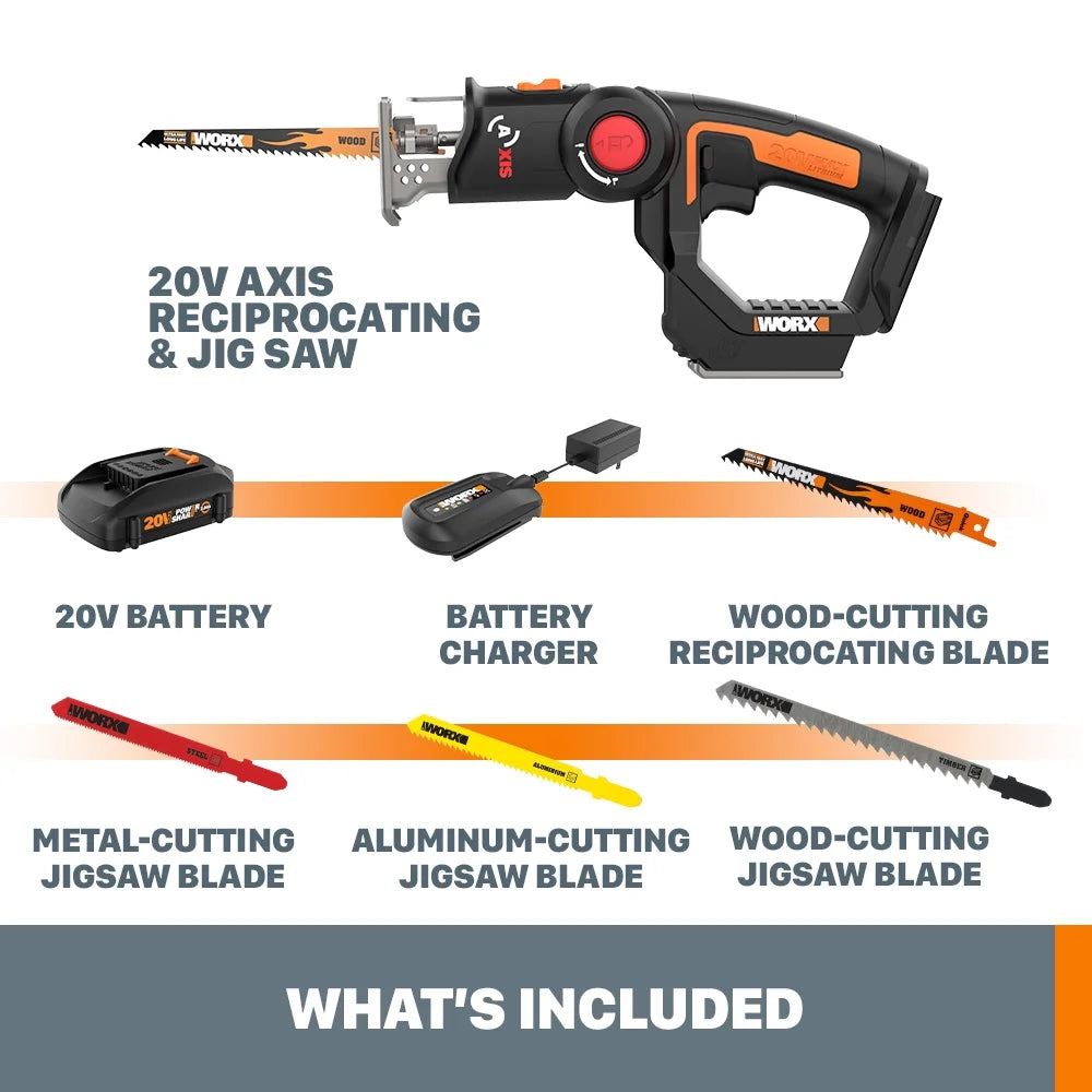 2026 NewWorx WX550L 20V Power Share Axis Cordless Reciprocating & Jig Saw (Battery & Charger Included)