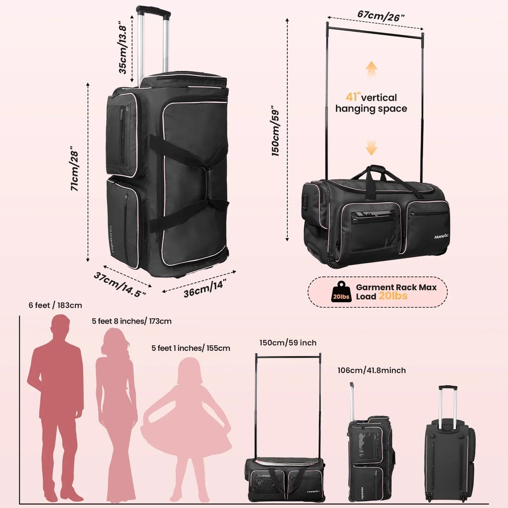 2026 NewFegat Dance Bag with Garment Rack - 28"Collapsible Rolling Competition Dance Duffle Bag Lightweight Costume Wheeled Suitcase for Dancers Shows Livestreamer Athletes