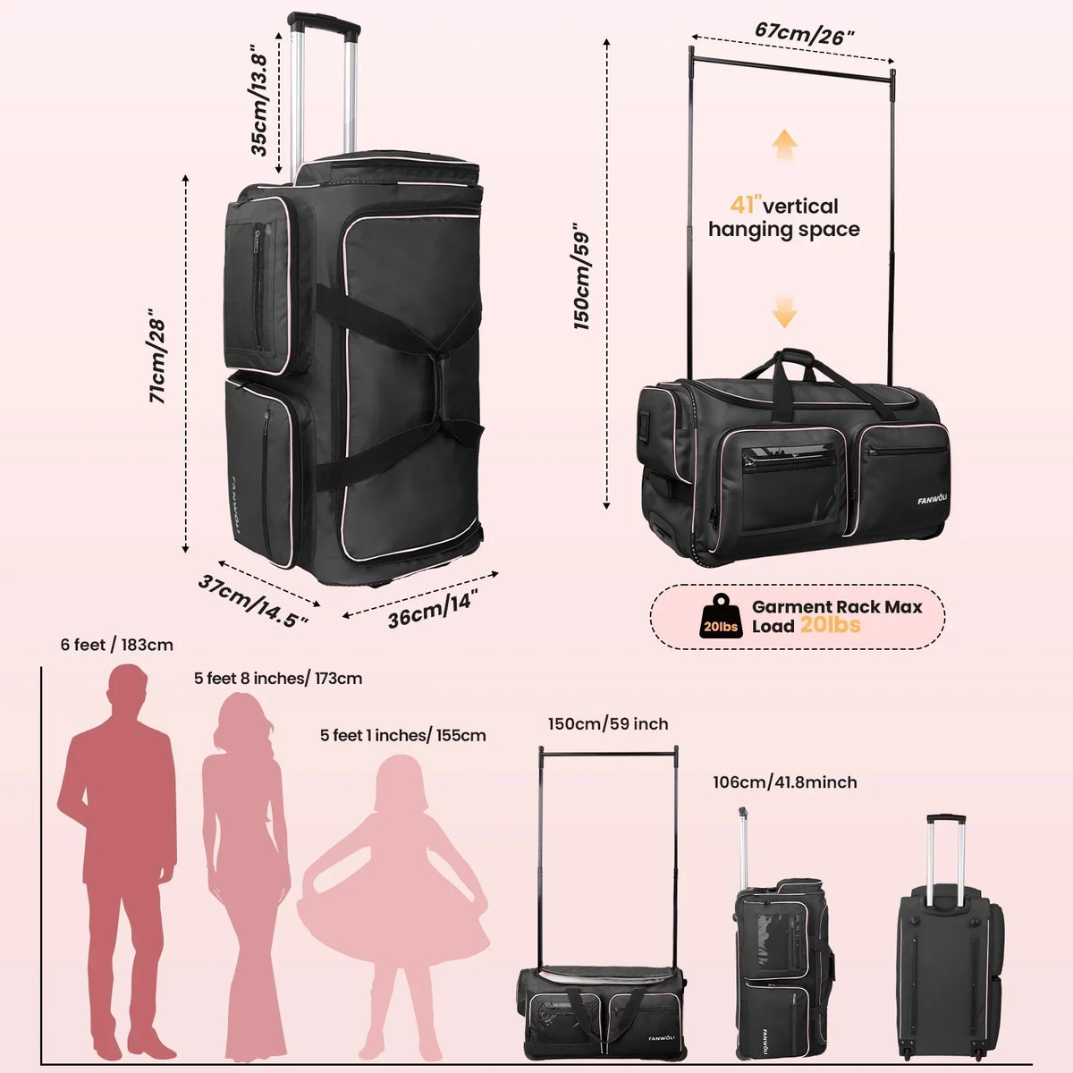 2026 NewFegat Dance Bag with Garment Rack - 28"Collapsible Rolling Competition Dance Duffle Bag Lightweight Costume Wheeled Suitcase for Dancers Shows Livestreamer Athletes