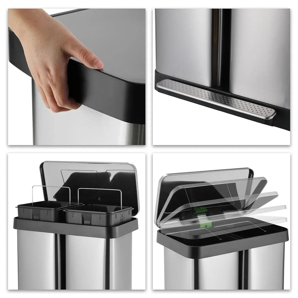 2026 NewArlopu 16 Gallon / 60L Dual Trash Can, Stainless Steel Kitchen Garbage Can with Soft-Close Lid, Home Office Classified Recycle Bin