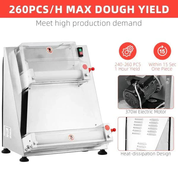 Commercial Pizza Dough Roller Sheeter, Max 16, Automatic 370W Electric Pizza Dough Roller, Stainless Steel, Suitable for Noodle, Pizza Bread and Pasta Maker Equipment