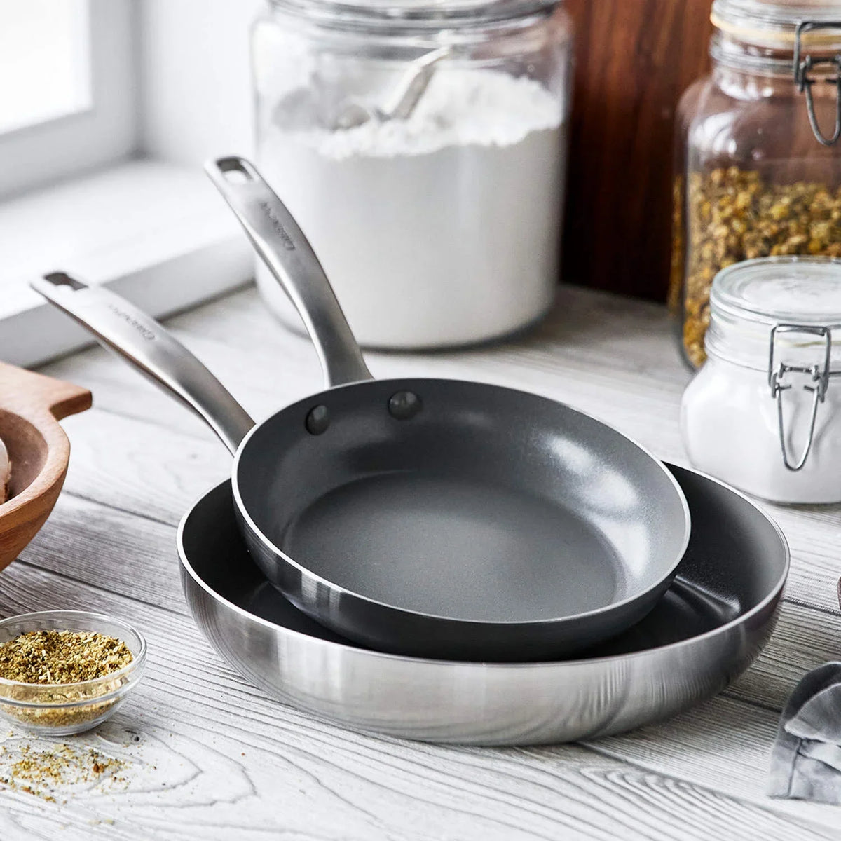 2026 New GreenPan Chatham Tri-Ply Stainless Steel Healthy Ceramic Nonstick Induction Suitable, 2 Piece Frypan Set, 8" and 10", Silver
