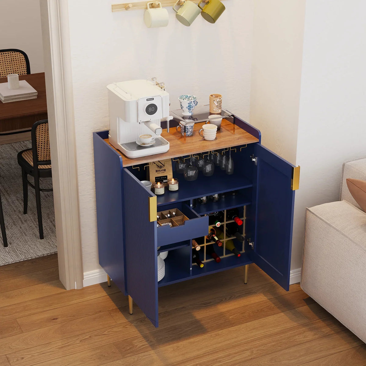2026 NewCBJCBJ 32" Wine Bar Cabinet with 2 Door Fluted Texture, Modern Coffee Cabinet with Rack&Glass Holder, Black